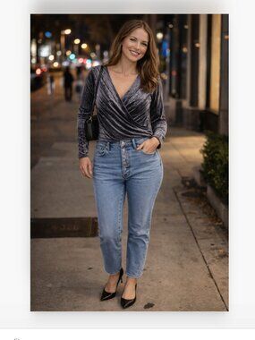 Tahari Faux Wrap Velour Top – Gray, Size Medium